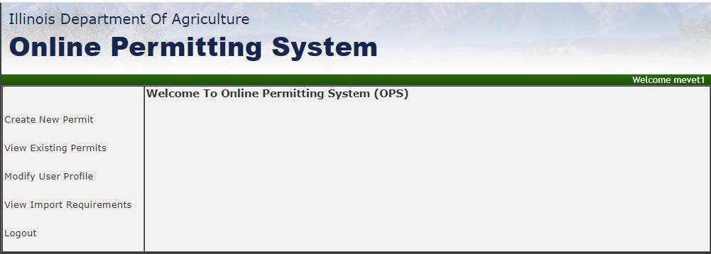 Main screen for the online permitting system 