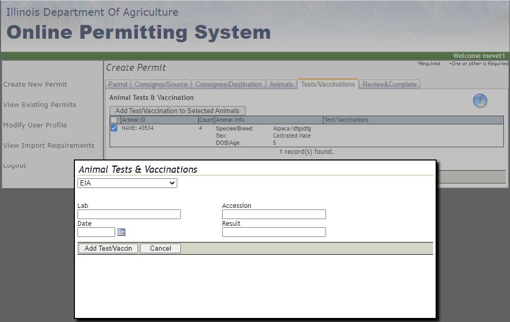 tests and vaccination screen for the online permitting system 