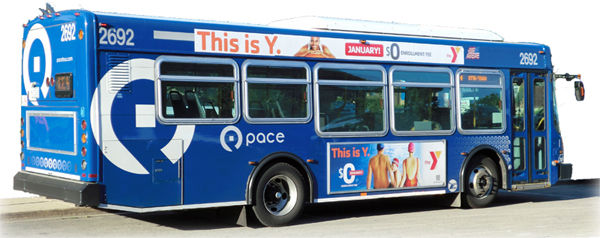 Blue Pace bus decorated with ads.