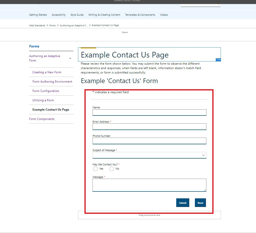 "Contact Us" Example Web page with form outlined
