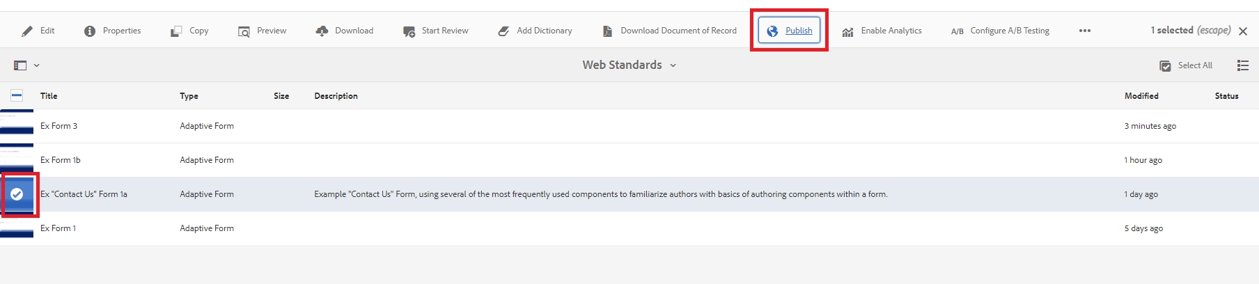 Forms page with "Contact Us" form selected and "Publish" outlined