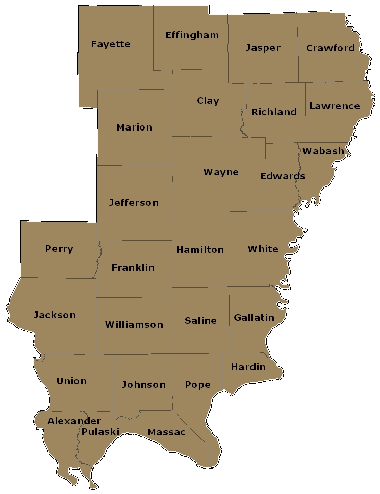 Solid color map of Southern Illinois, showing counties