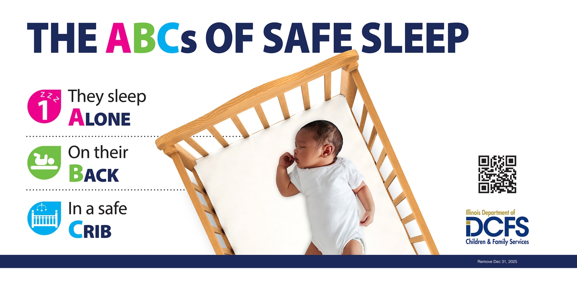 The ABC’s of Safe Sleep: Infants and babies should always sleep:  Alone On their Backs In a safe Crib