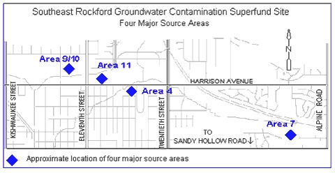 Map: Major source areas - Southease Rockford Groundwater Contamination Superfund Site