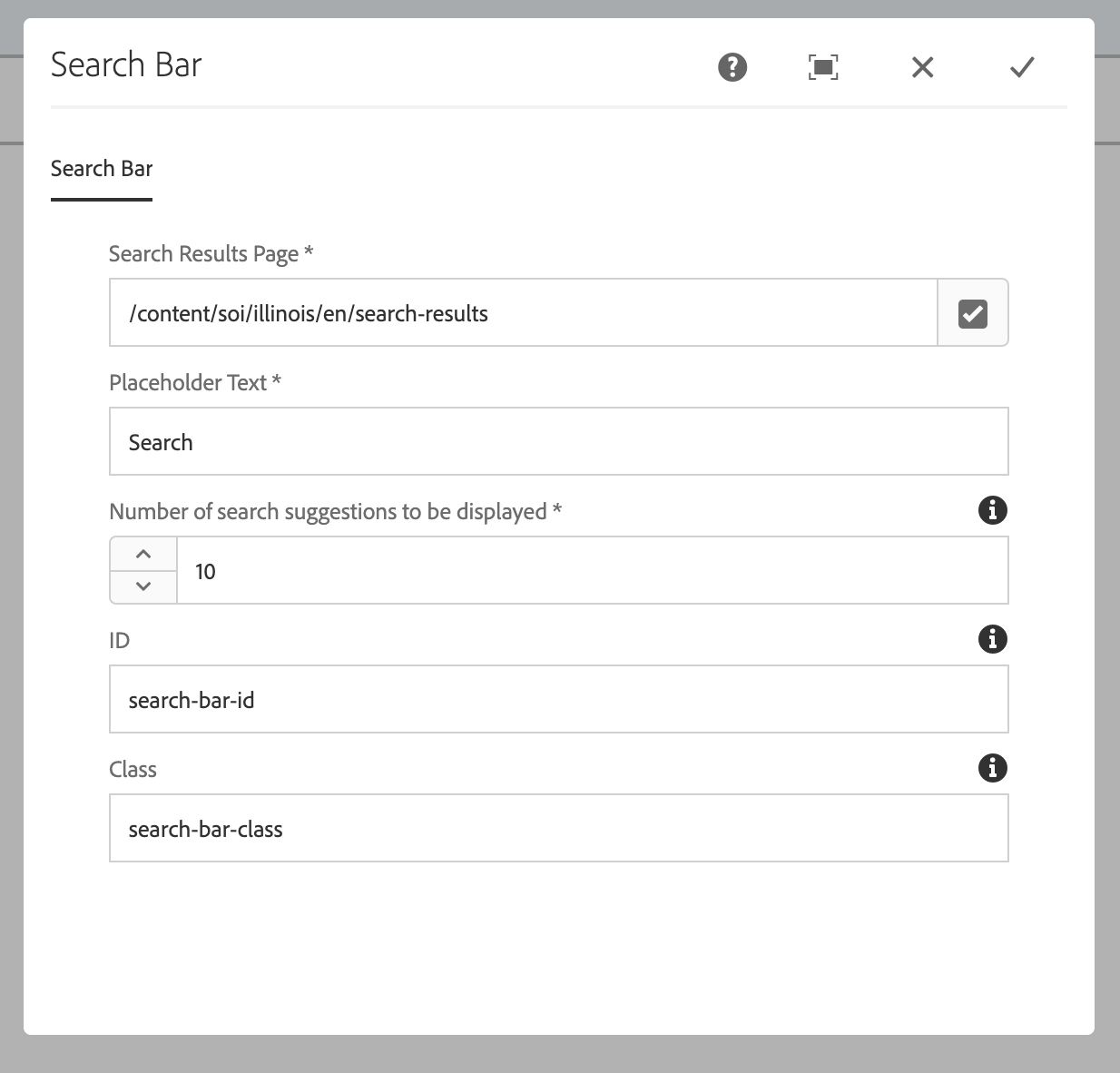 The authoring dialog window for the search bar component