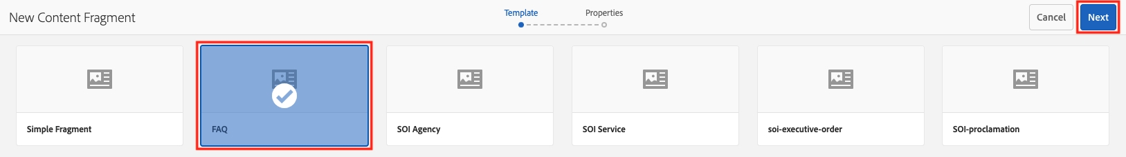 select faq content fragment in aem