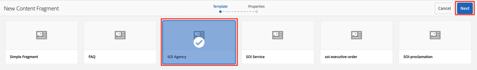 select agency content fragment in aem