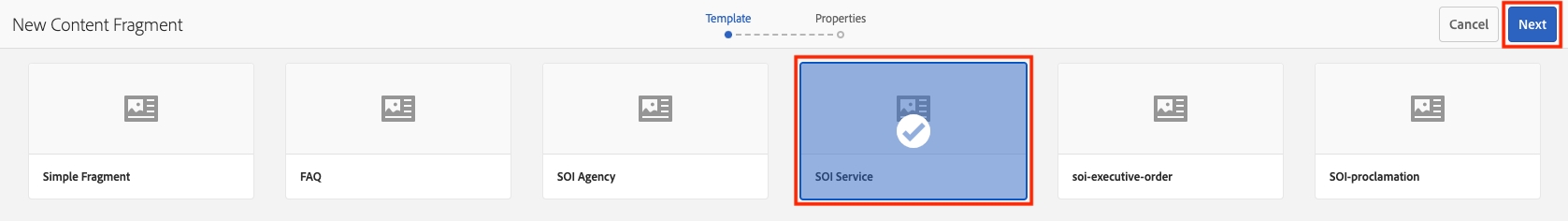 select soi service content fragment in AEM