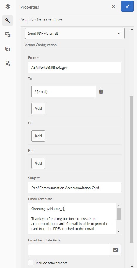 Send PDF via email - Action Configuration