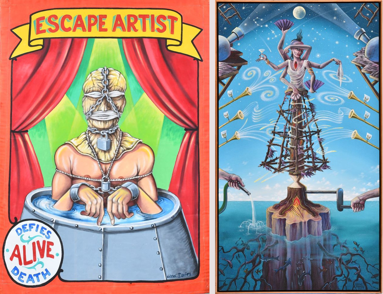 (left) image of a man bound in chains in a tank of water. the words escape artist written above the figure. Left is a woman with a tree trunk body standing in a body of water. She holds fans, glasses, and playing cards in her six arms.