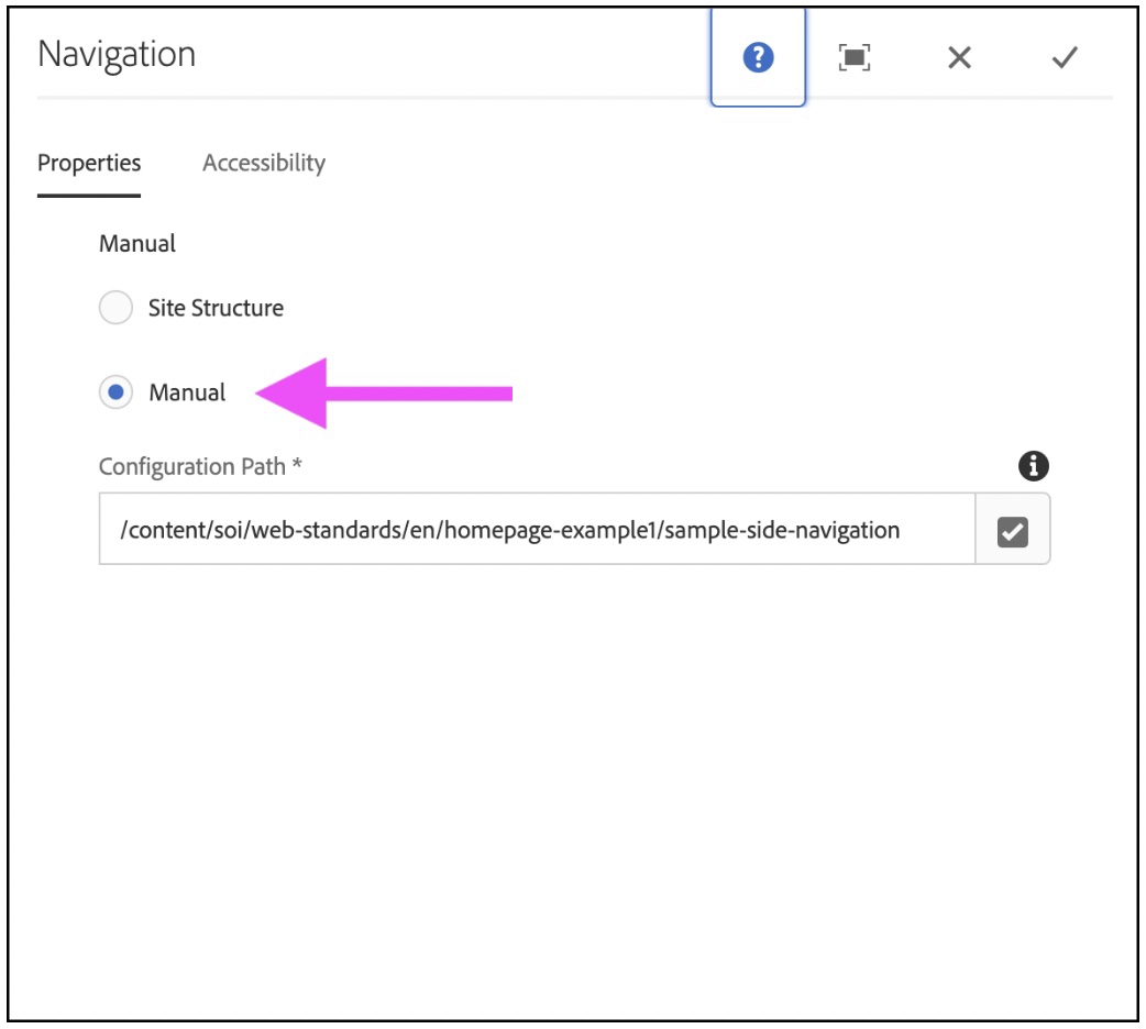 Dialog box showing the Manual Nav is being selected.