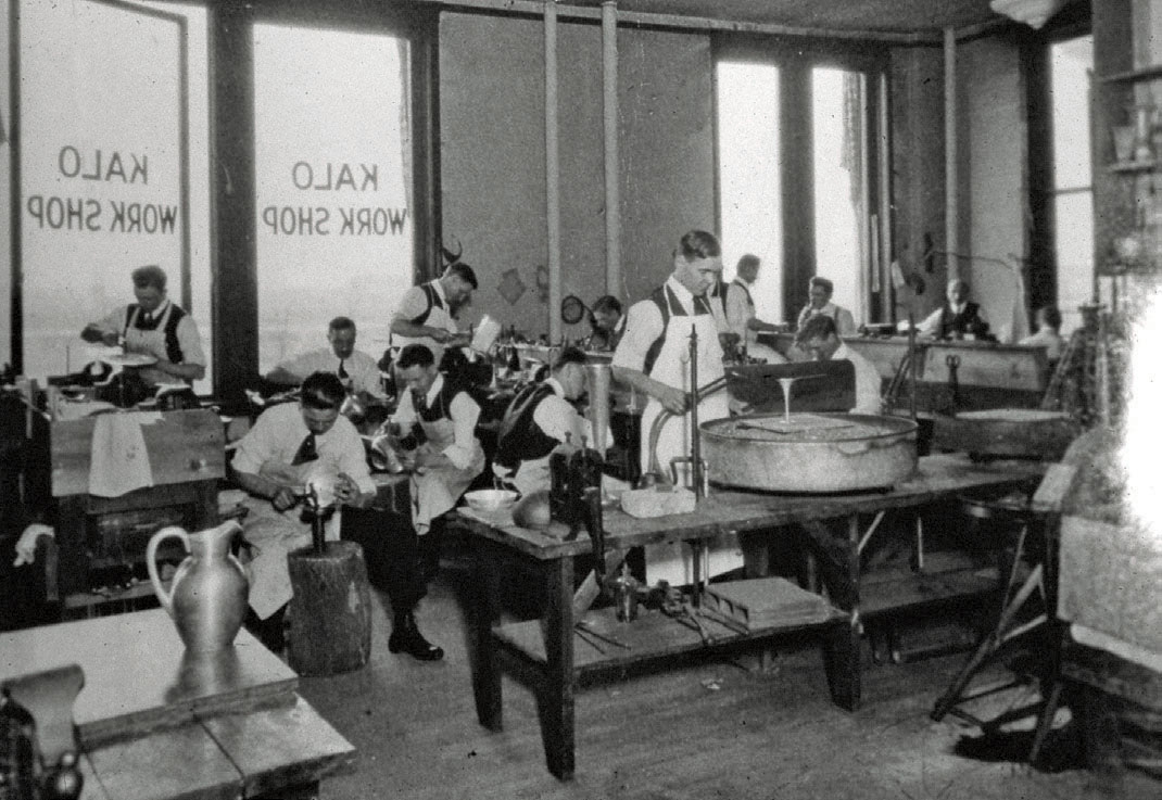 Silversmiths in the Kalo Shop workshop at 32 N. Michigan Avenue, Chicago, around 1914.