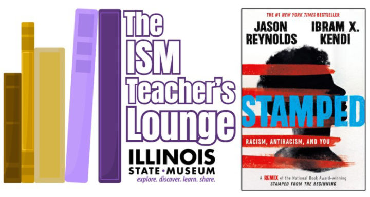 Decorative logo for the Collection Connection series with stylized books on the left, the program name in the middle, and the cover of the book Stamped on the right