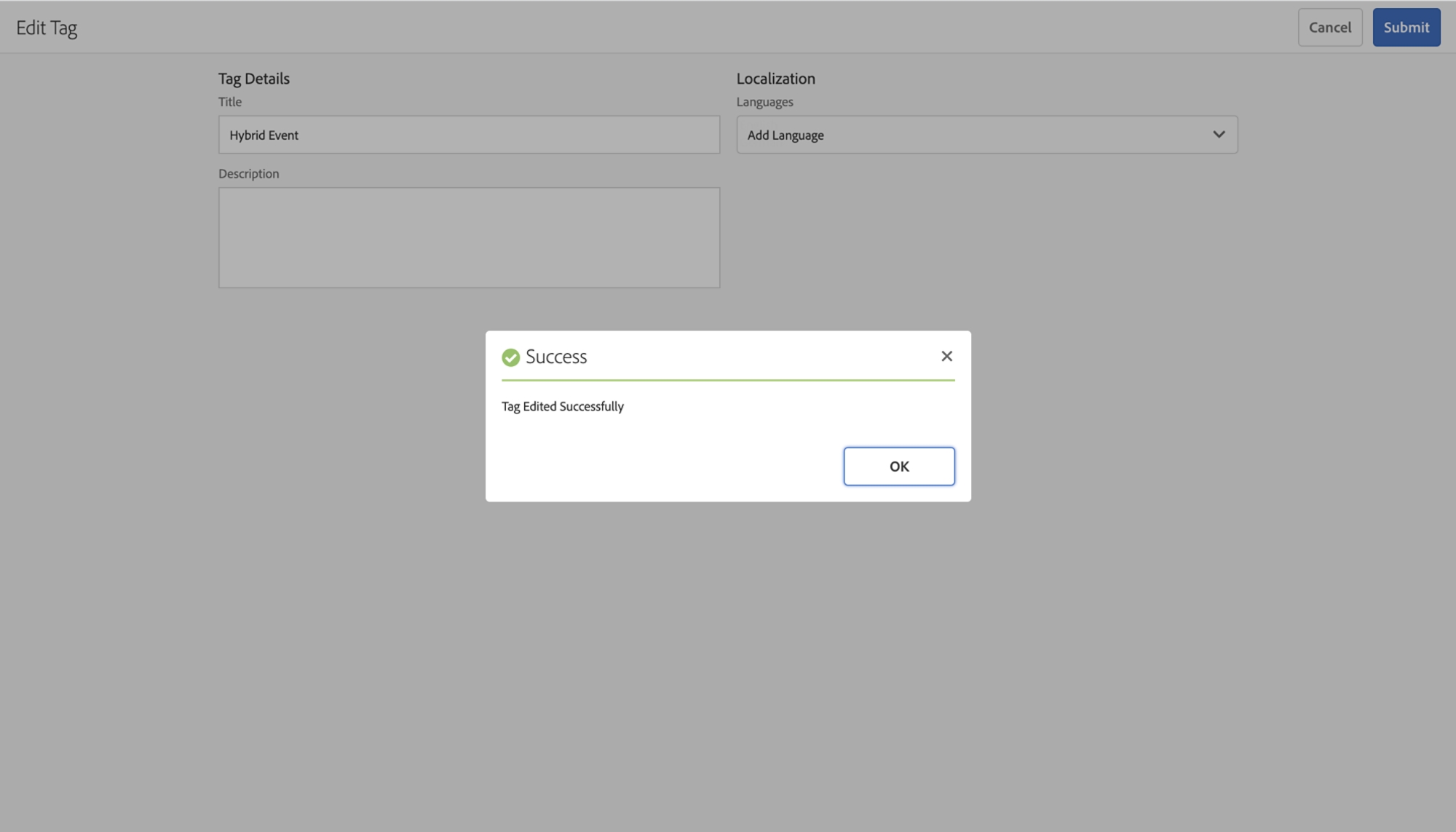 Screenshot of Edit Tag screen with the Tag title set to "Hybrid Event" and a "Tag Edited Successfully" message displayed 