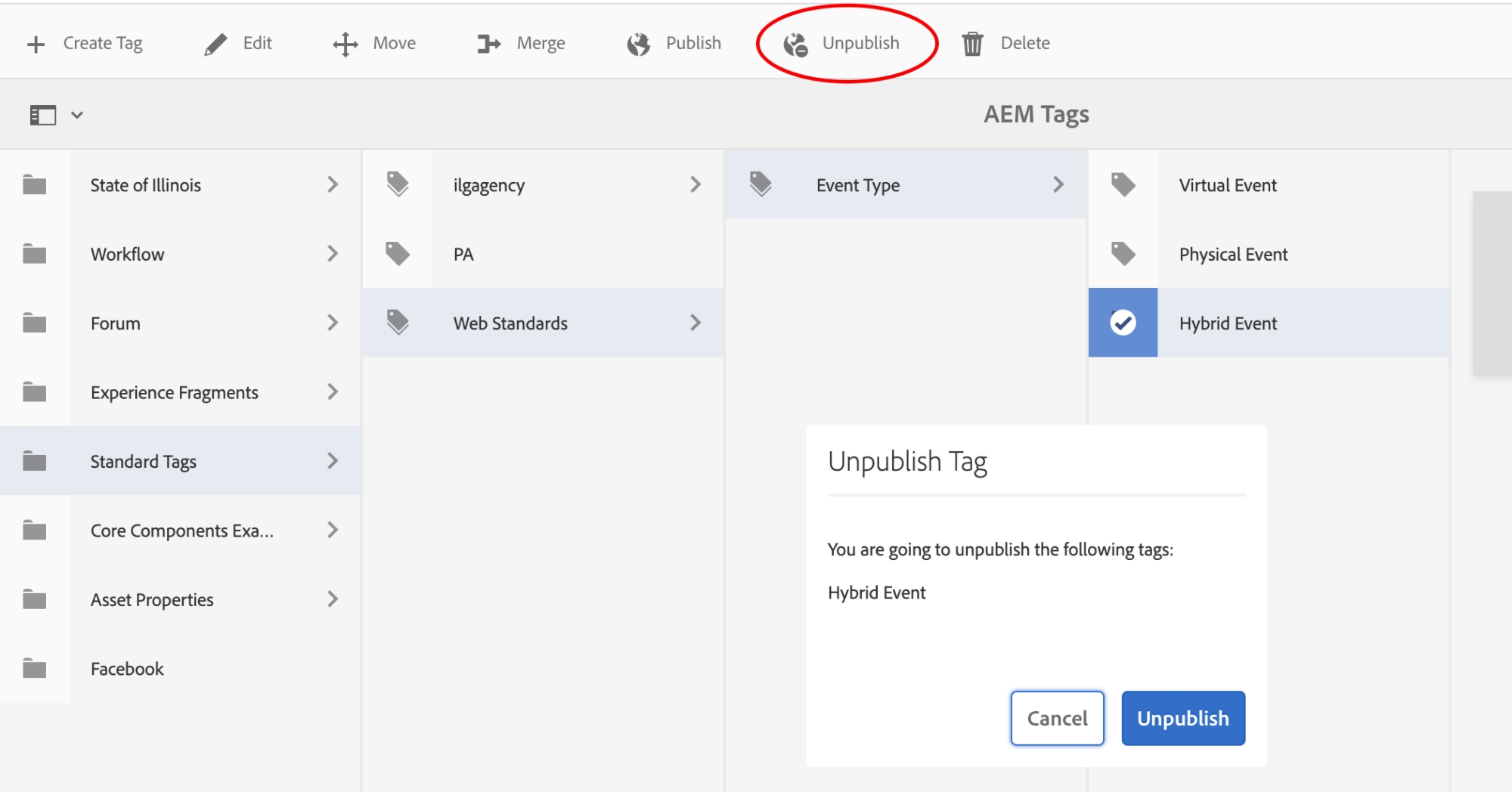 AEM tag navigation with 'unpublish' circled in red.