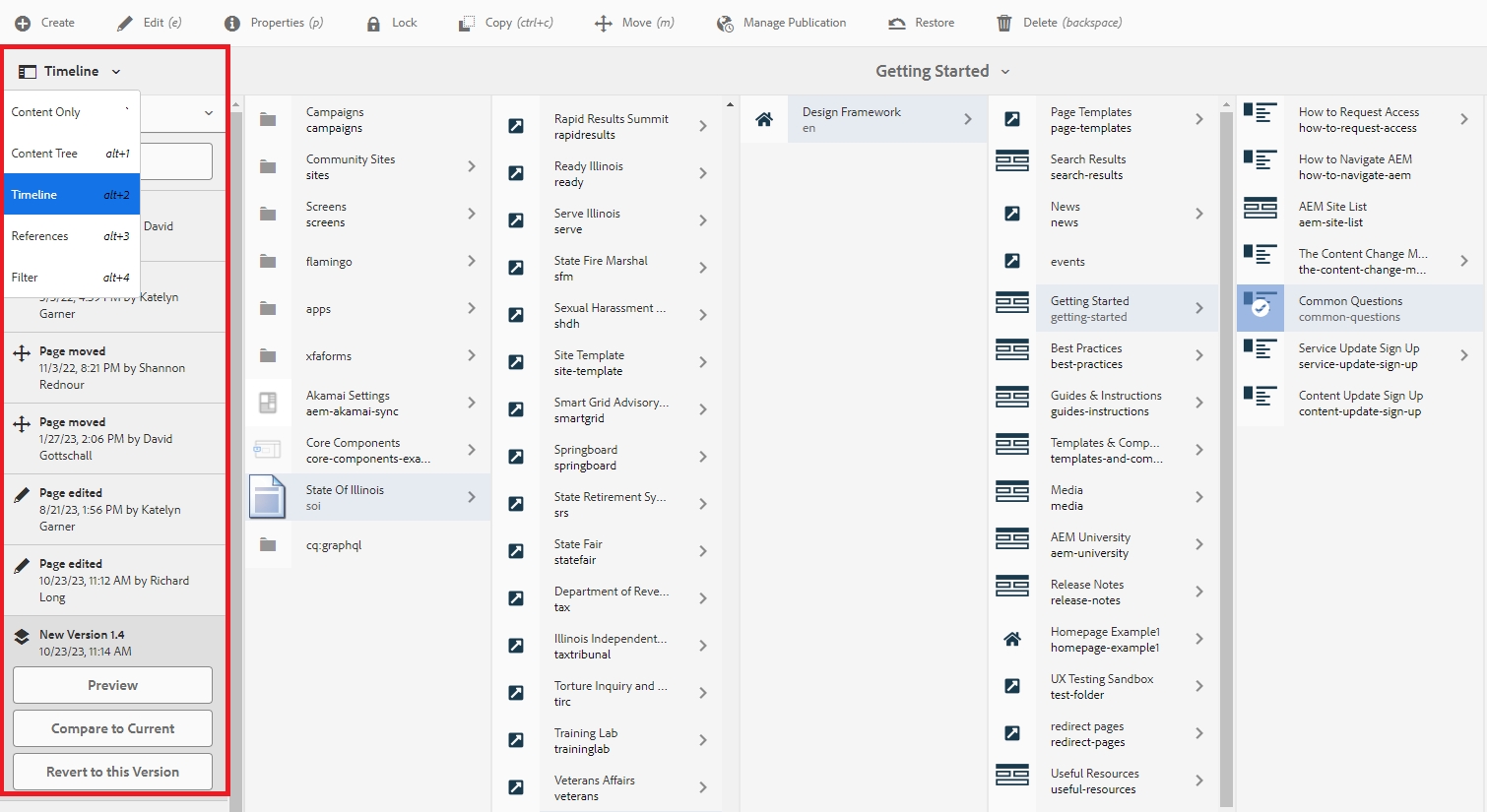 AEM Sites section - View of Timeline panel