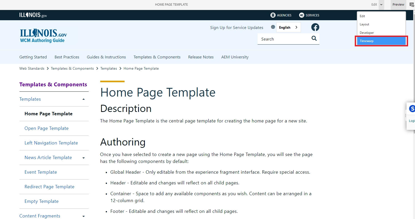 Select Timewarp on page edit interface