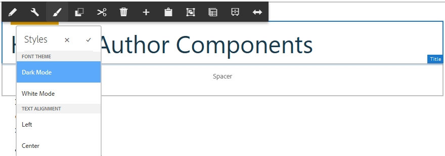 Title Style Configuration showing Font Theme Dark and White Modes and Text Alignments Left and Center