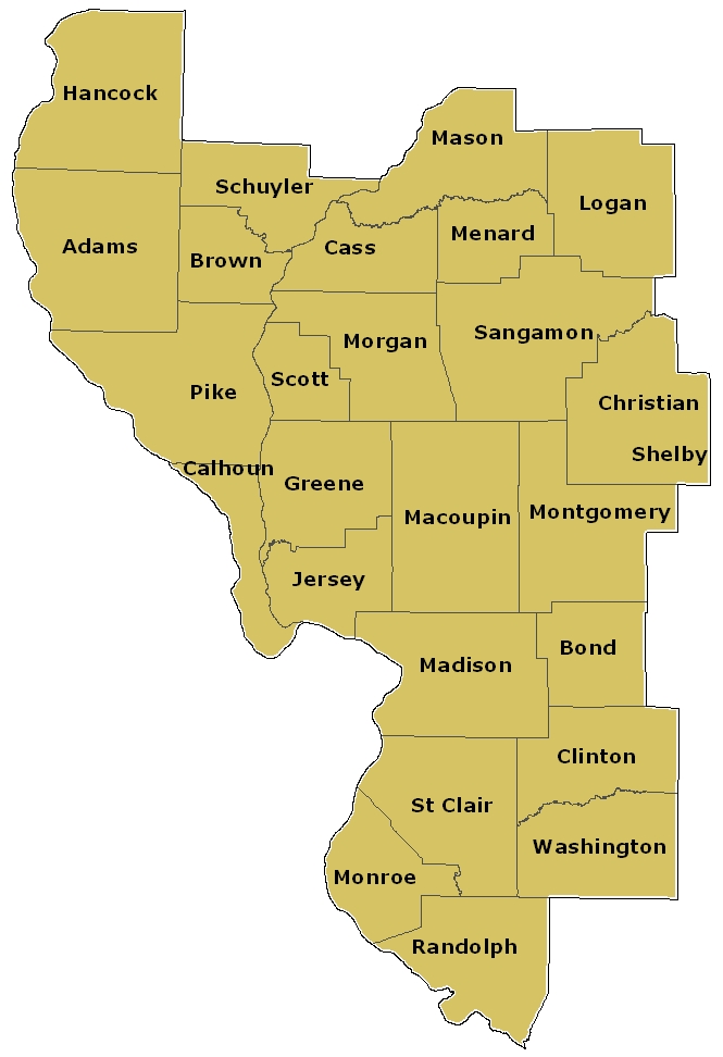 Solid color map of West Central Illinois, showing counties