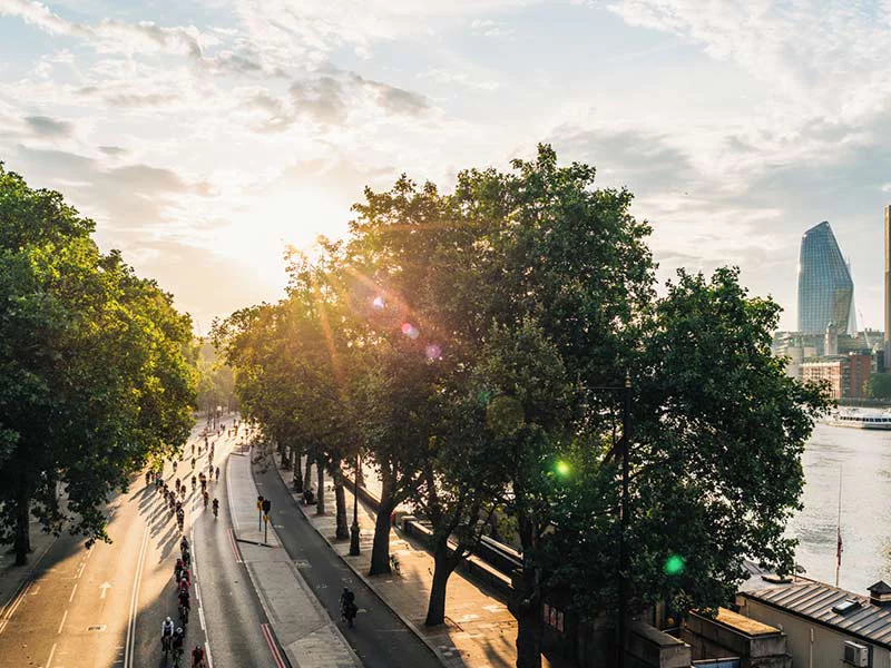 An elevated view of the London skyline at sunrise