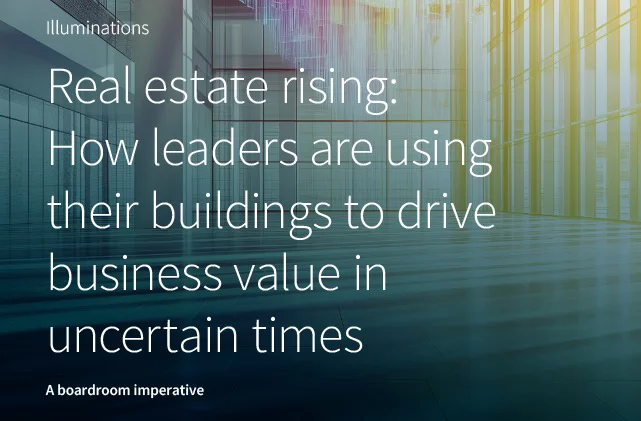 Modern architectural structure with circular opening framing city skyline, text overlaid about AI-powered real estate advantages.