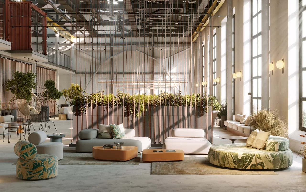 3D Rendering of modern and bright office space with the comfortable lobby.