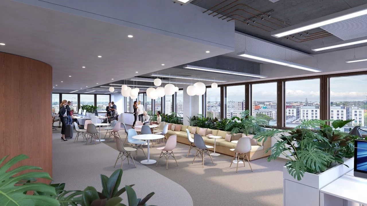 Modern furniture and lightings in a hall with some people