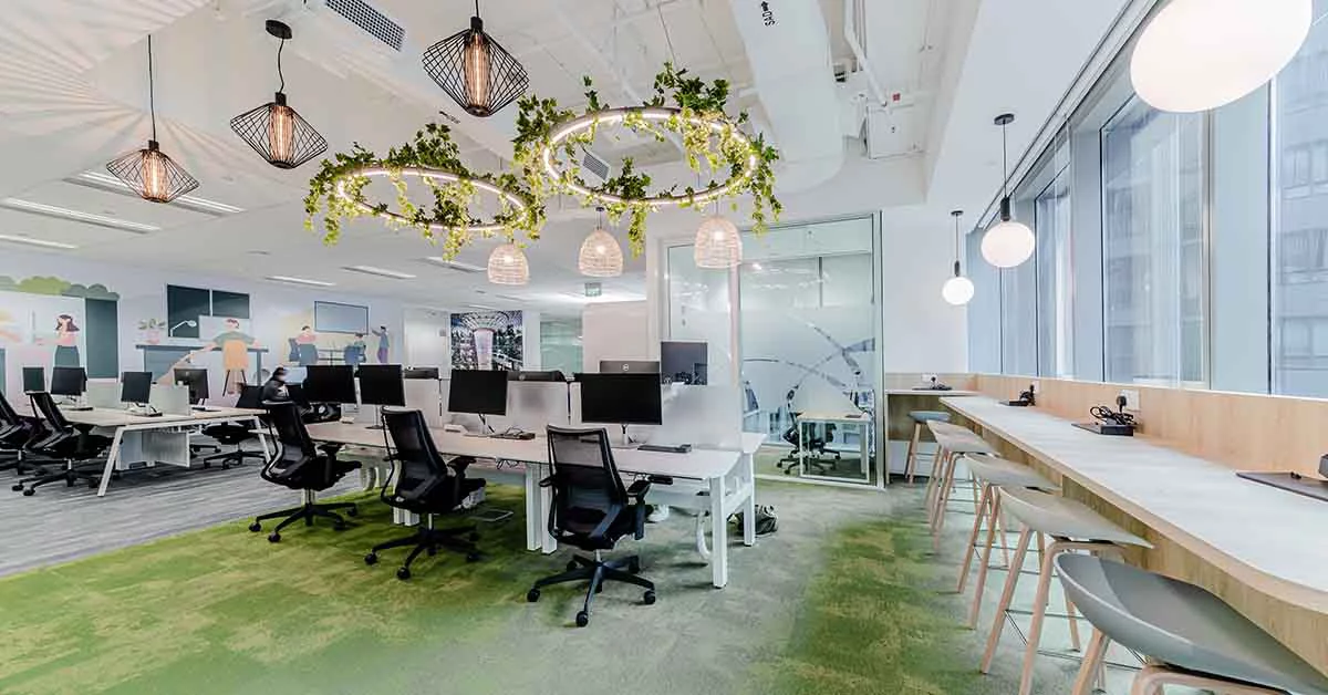 Office that focuses on employee well-being, fosters collaboration, and incorporate sustainable design features