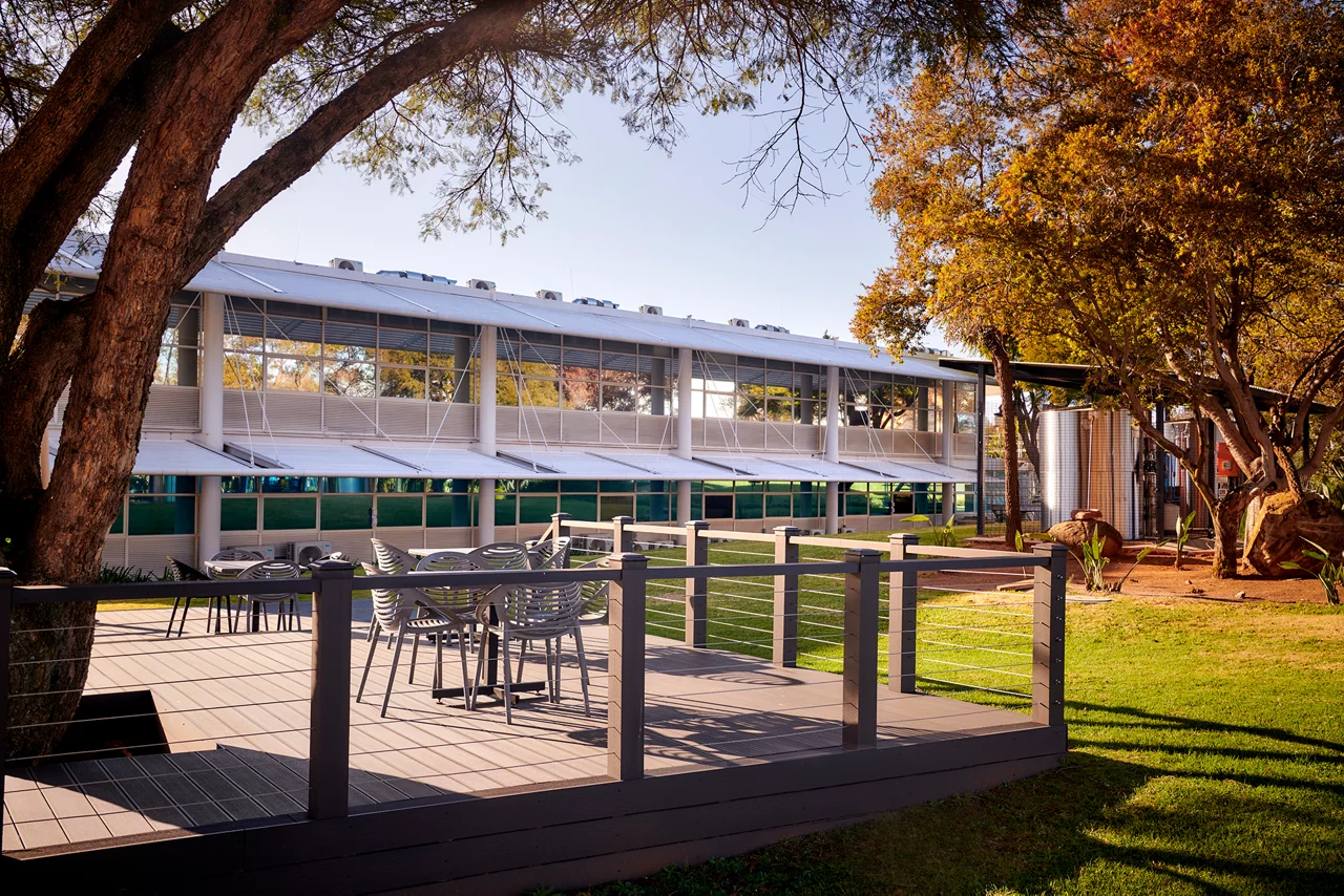 Modern office building with glass facade, surrounded by trees and outdoor seating area on wooden deck.