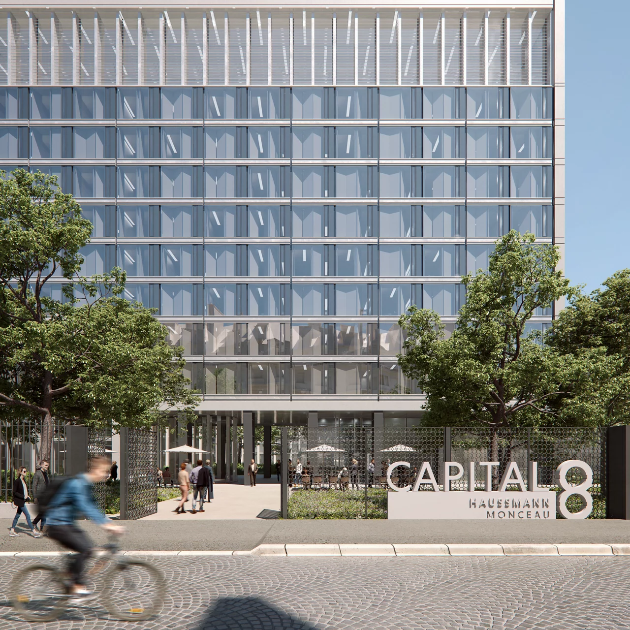 Rendering of the capital 8 building, a modern architectural structure with a distinctive octagonal shape.