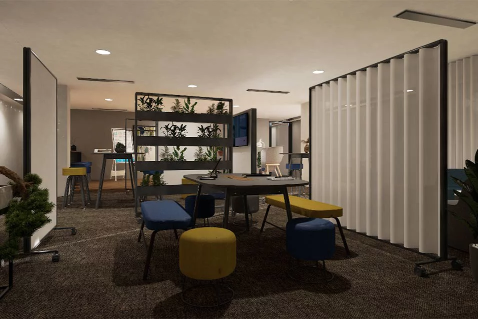 A modern office featuring a sleek table surrounded by stylish chairs, designed for collaboration and productivity.
