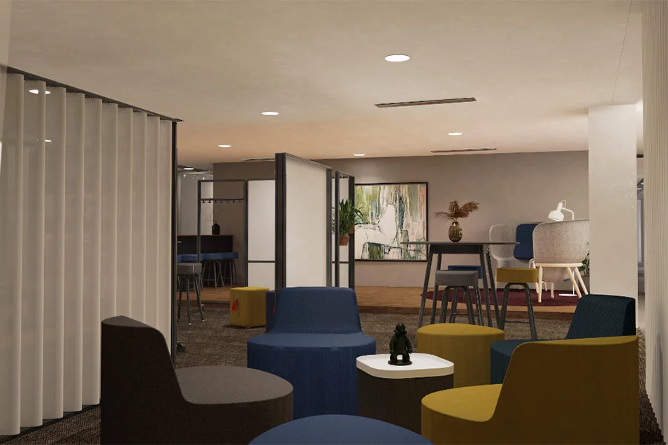 A modern office featuring a sleek table surrounded by stylish chairs