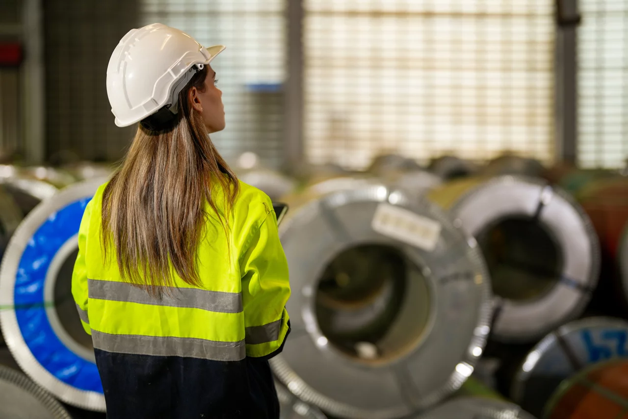 Back of woman worker hand up to manage in industry factory. portrait of worker concentrating in the workplace.