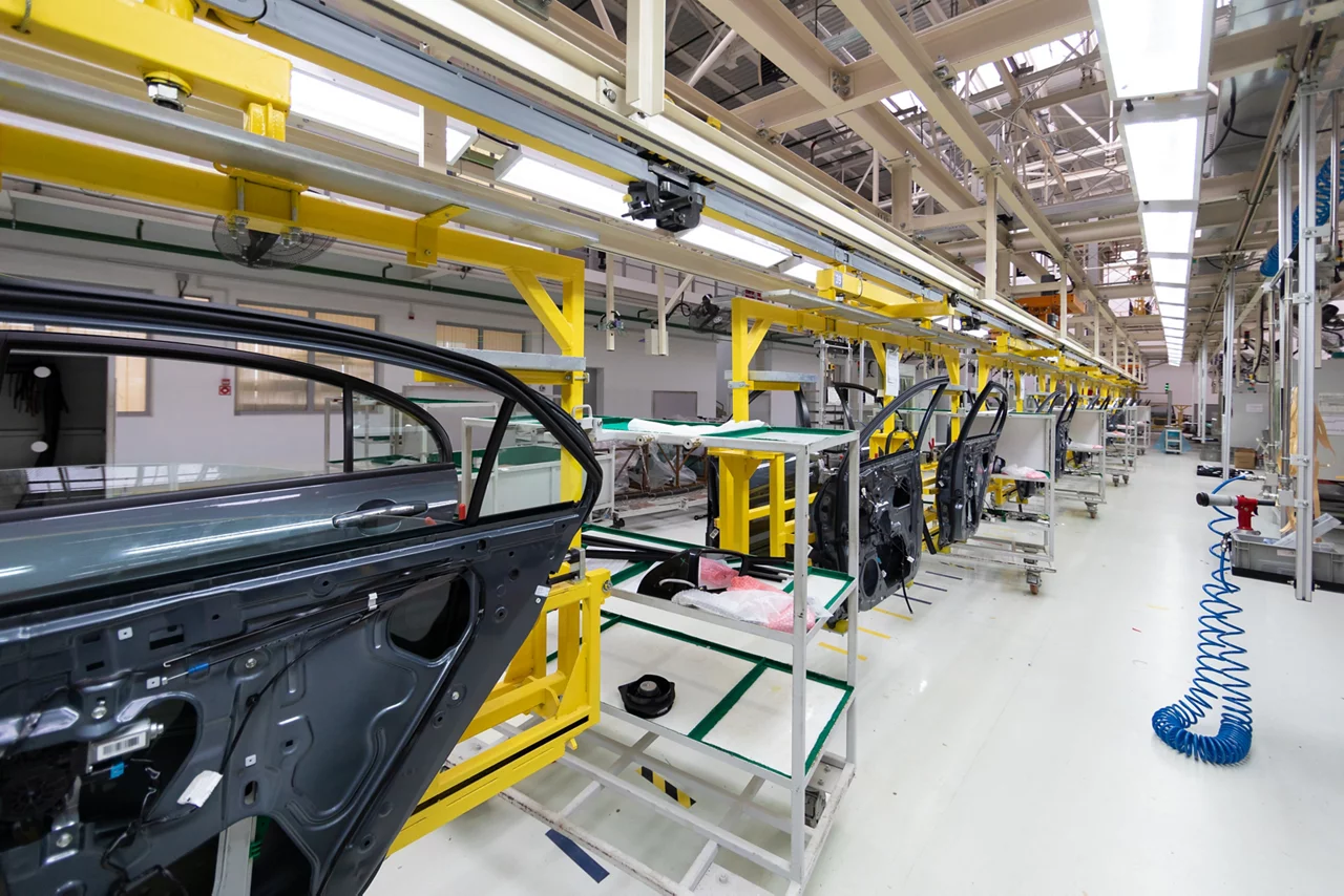 Automated car Assembly line. Assembly of car door. plant of automotive industry. Line of car body