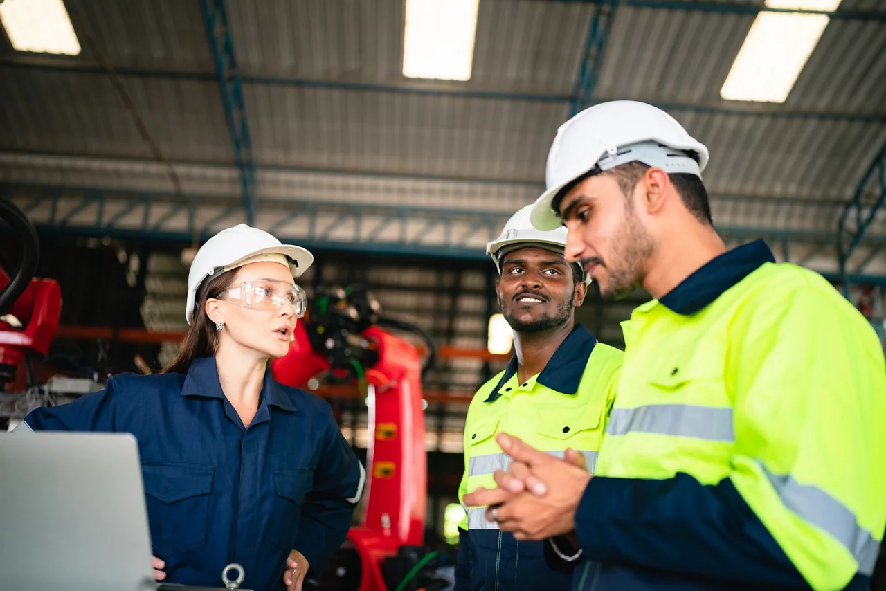 Professional engineer team full skill quality working to maintenance and training with industry factory worker