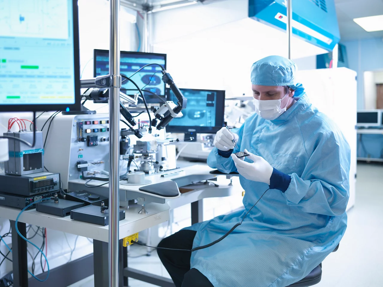 Electronics workers selecting chips at workstation in clean room laboratory