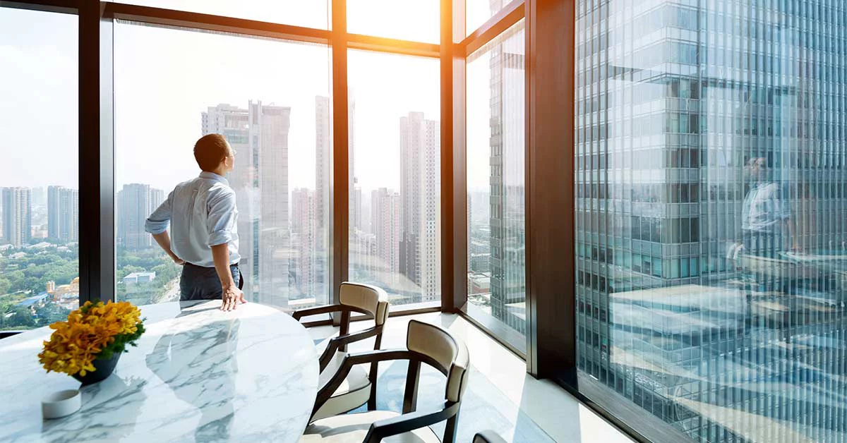 Businessman standing and looking at cityscape