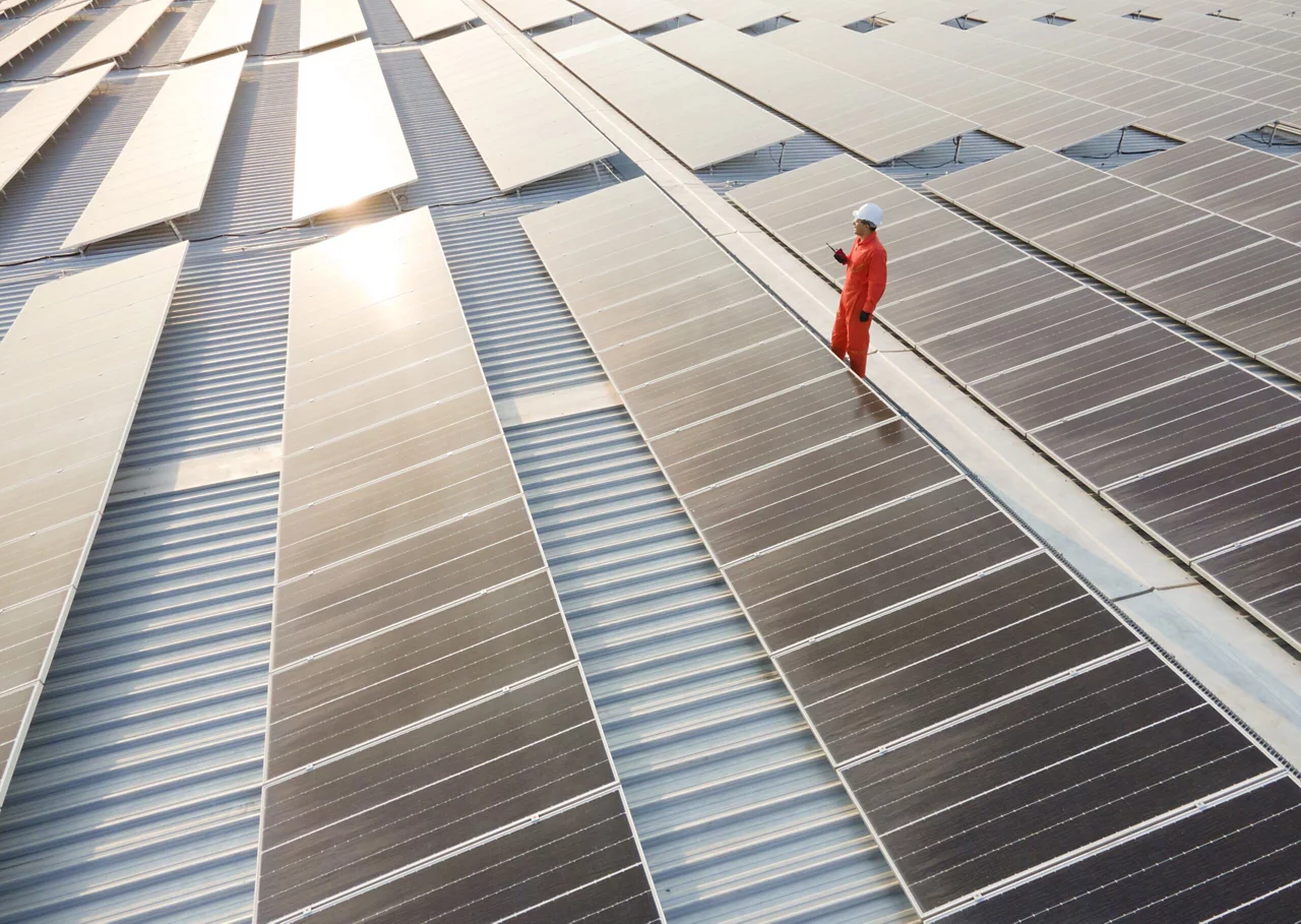 A man standing between solar panels