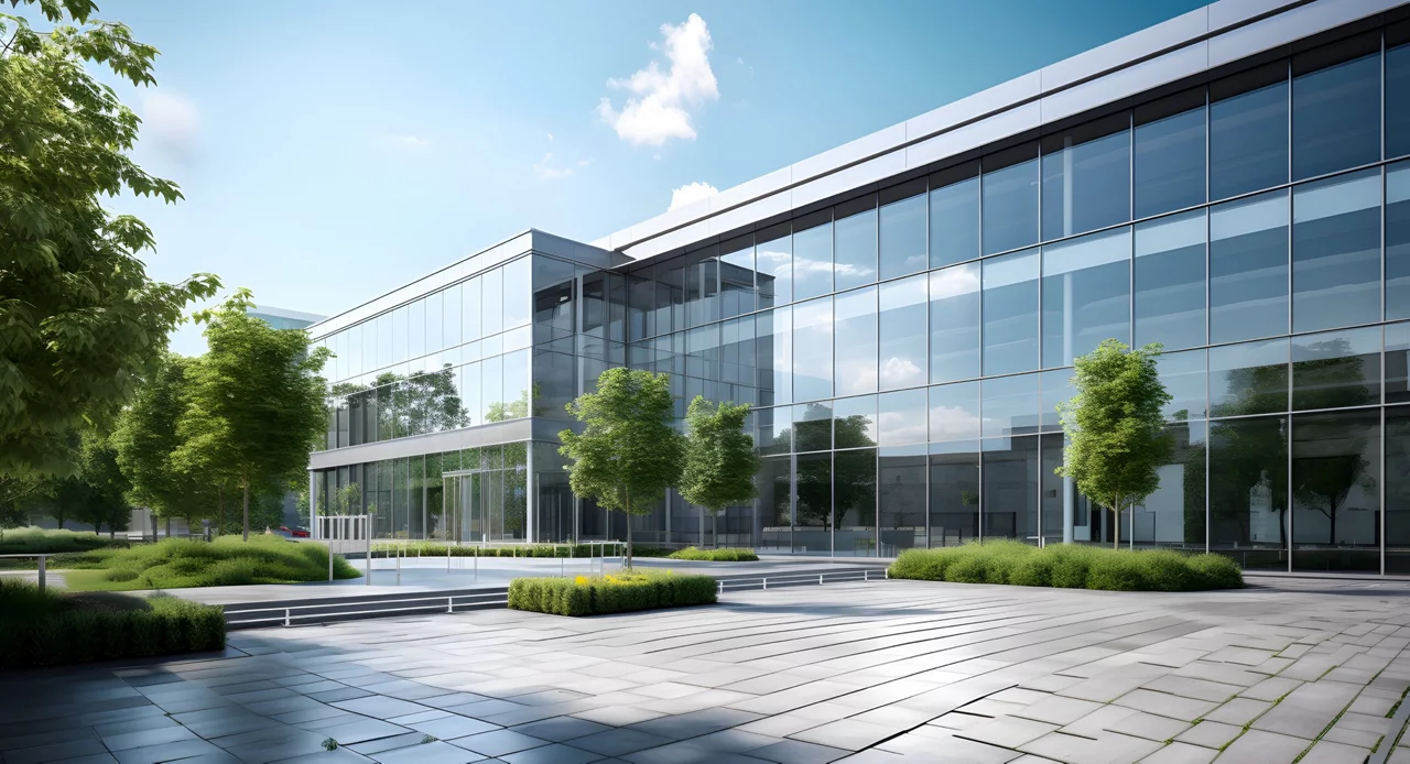 Some plants in front of a glass building
