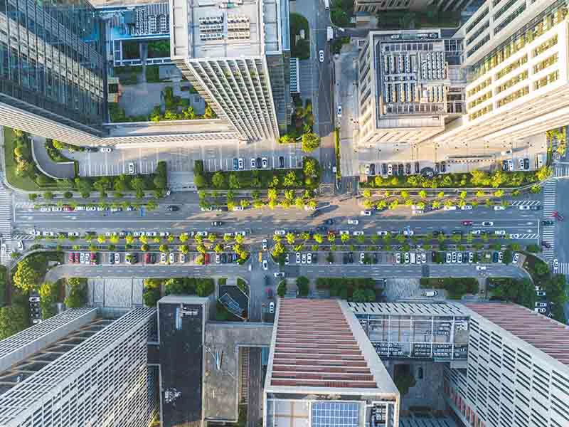 Aerial view of a bustling city street
