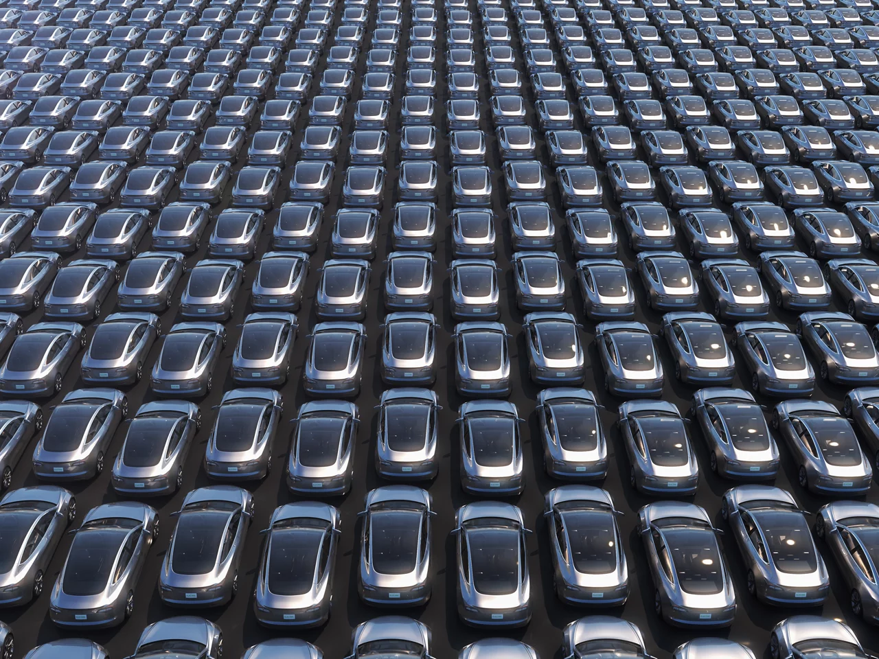 Electric cars waiting to be shipped aerial view of big parking lot 3d illustration