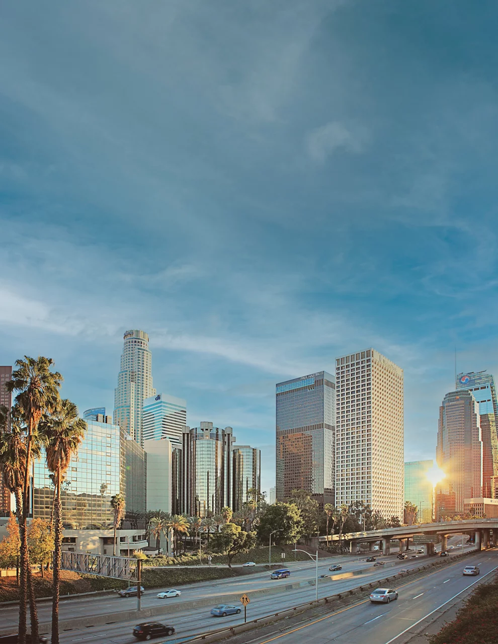 A quiet dowtown LA traffic during Christmas holidays. Quiet sunset atmosphere at city of Los Angeles.