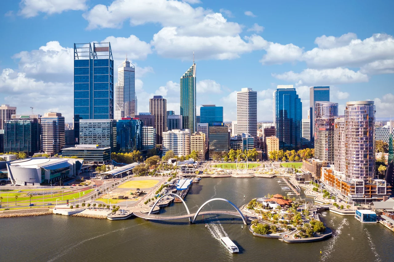 Top view of perth city and harbour from drone with blue sky.