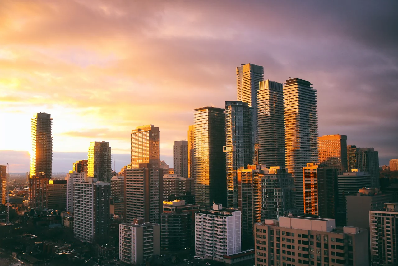 Toronto's futuristic cityscape during a marvelous sunset with skies painted with amazing palette of colours.