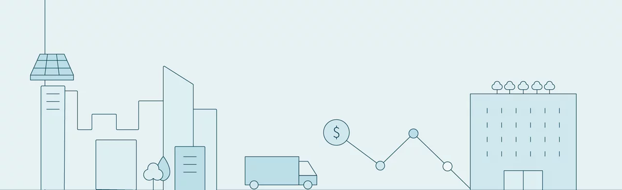 Minimalist line illustration of an industrial cityscape showing modern buildings