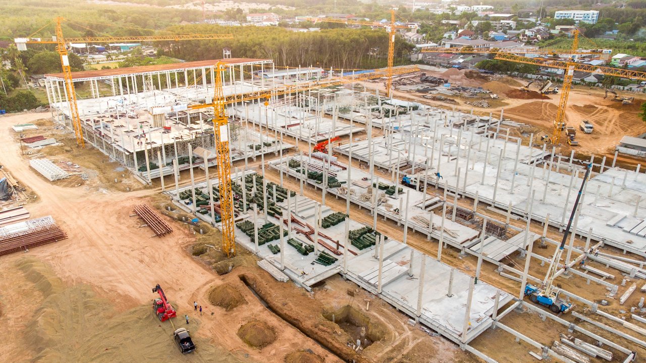Aerial view of cranes construction project
