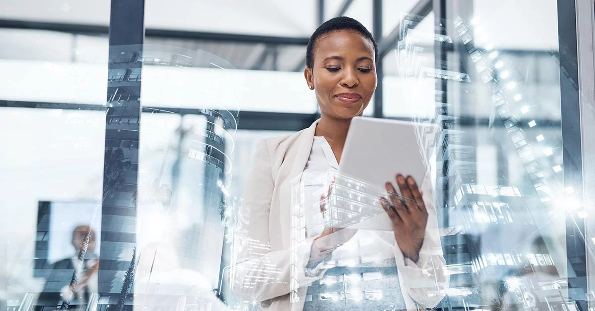 Multiple exposure shot of a mature businesswoman using a digital tablet in a boardroom superimposed on a cityscape