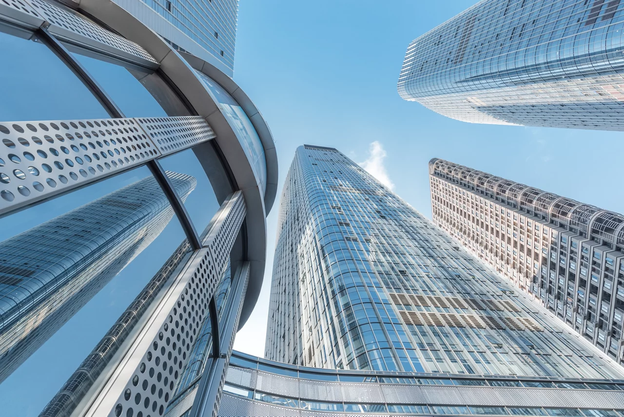 Low angle view modern business city office buildings