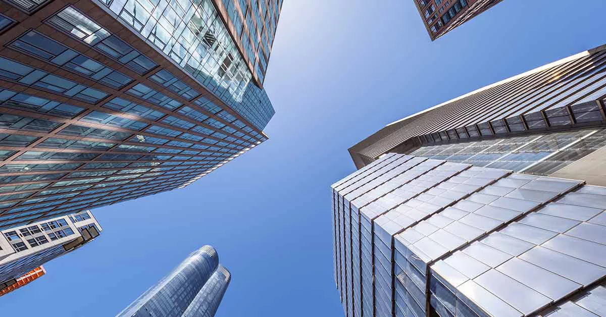 This panoramic view looks up at some of the towers at Hudson Yards on the far west side of Manhattan