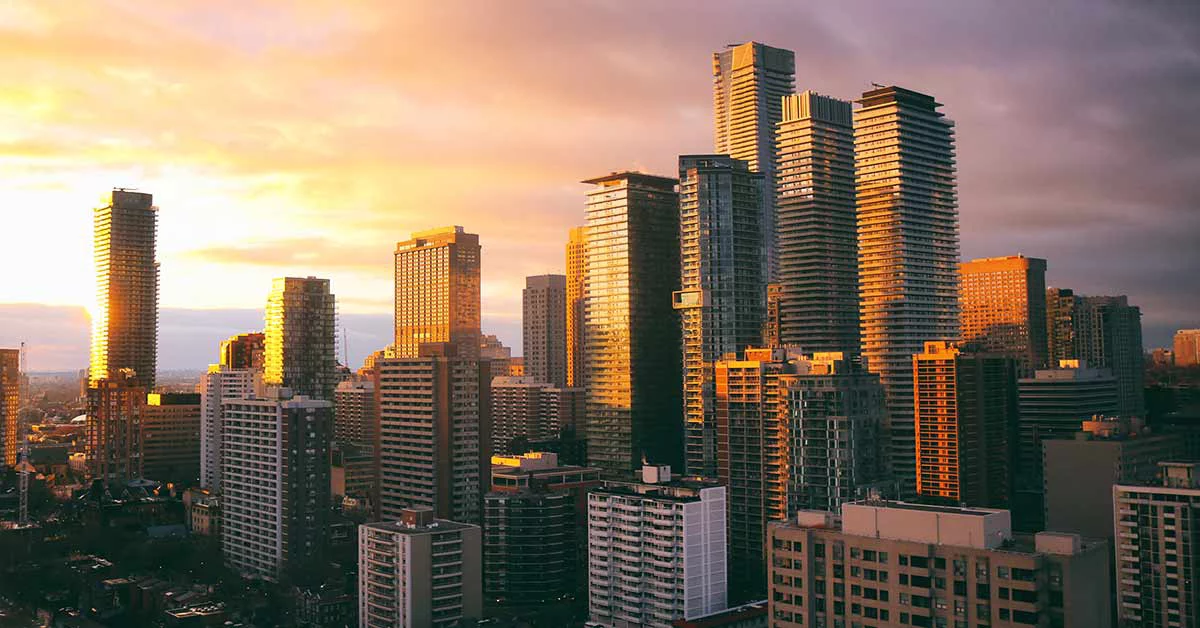 Toronto's futuristic cityscape during a marvelous sunset with skies painted with amazing palette of colours.